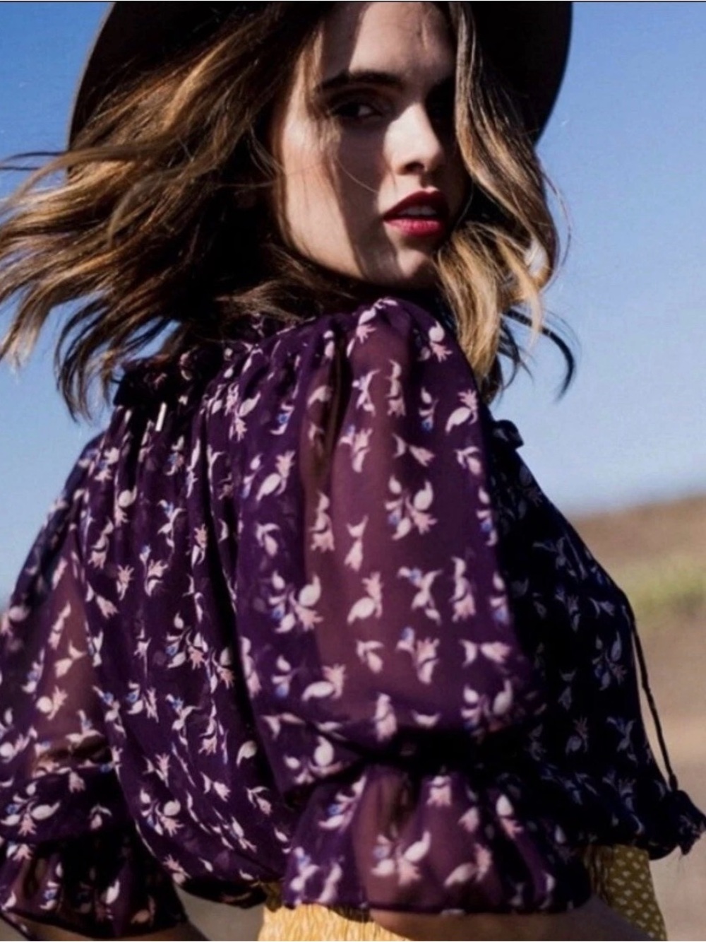 Misa los angeles purple ruffle floral 3/4 sleeve blouse. Size S, EUC $119 MSRP